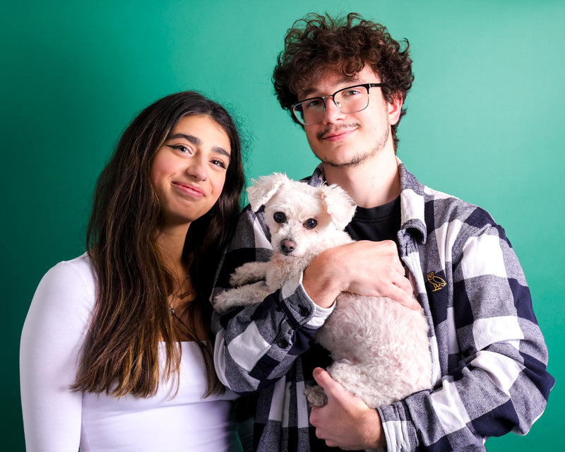 Fine art pet portrait on an evergreen photography backdrop
